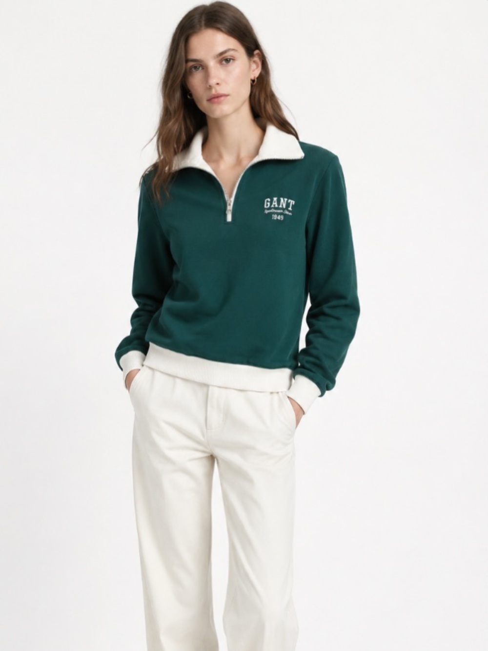 GANT Women’s Graphic Half Zip Sweater with White Trim Deep Forest Green S